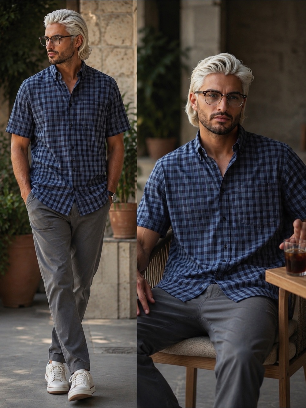 TravisMathew Rank And File Button-Up Shirt XL Vintage Indigo Plaid Stretch Golf
